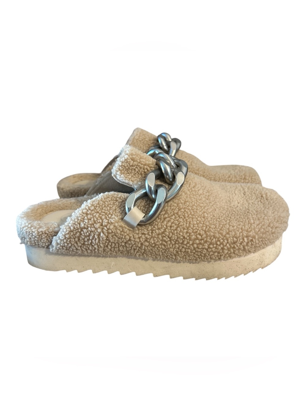 ASH Ghost Fur Shearling Mules with Silver Chain Detailing - Size 37